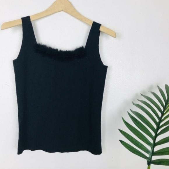 Vintage Tops - Vintage 70s Fur Trim Black Square Neck Tank Top